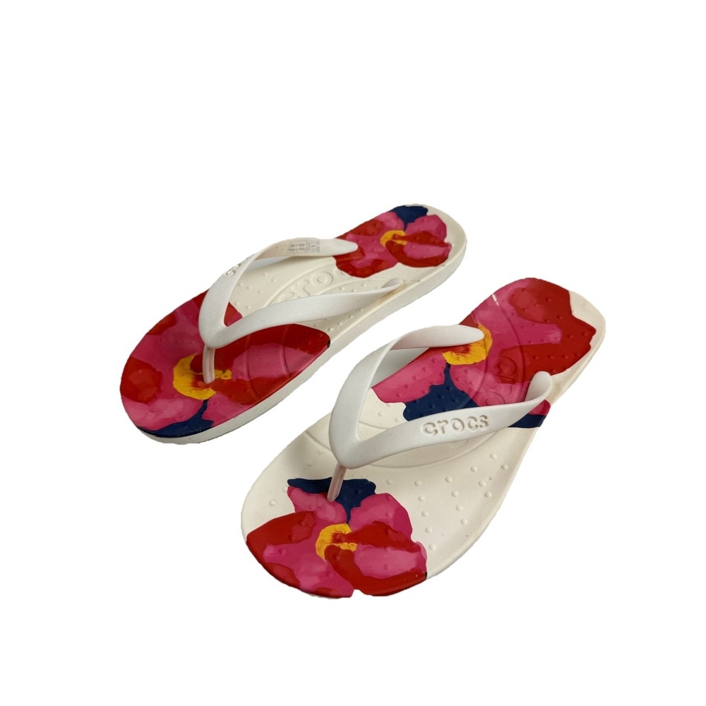 Crocs White Floral Lightweight Rubber Flip Flops Thongs Womens Sandals Size 6 - Picture 6 of 8